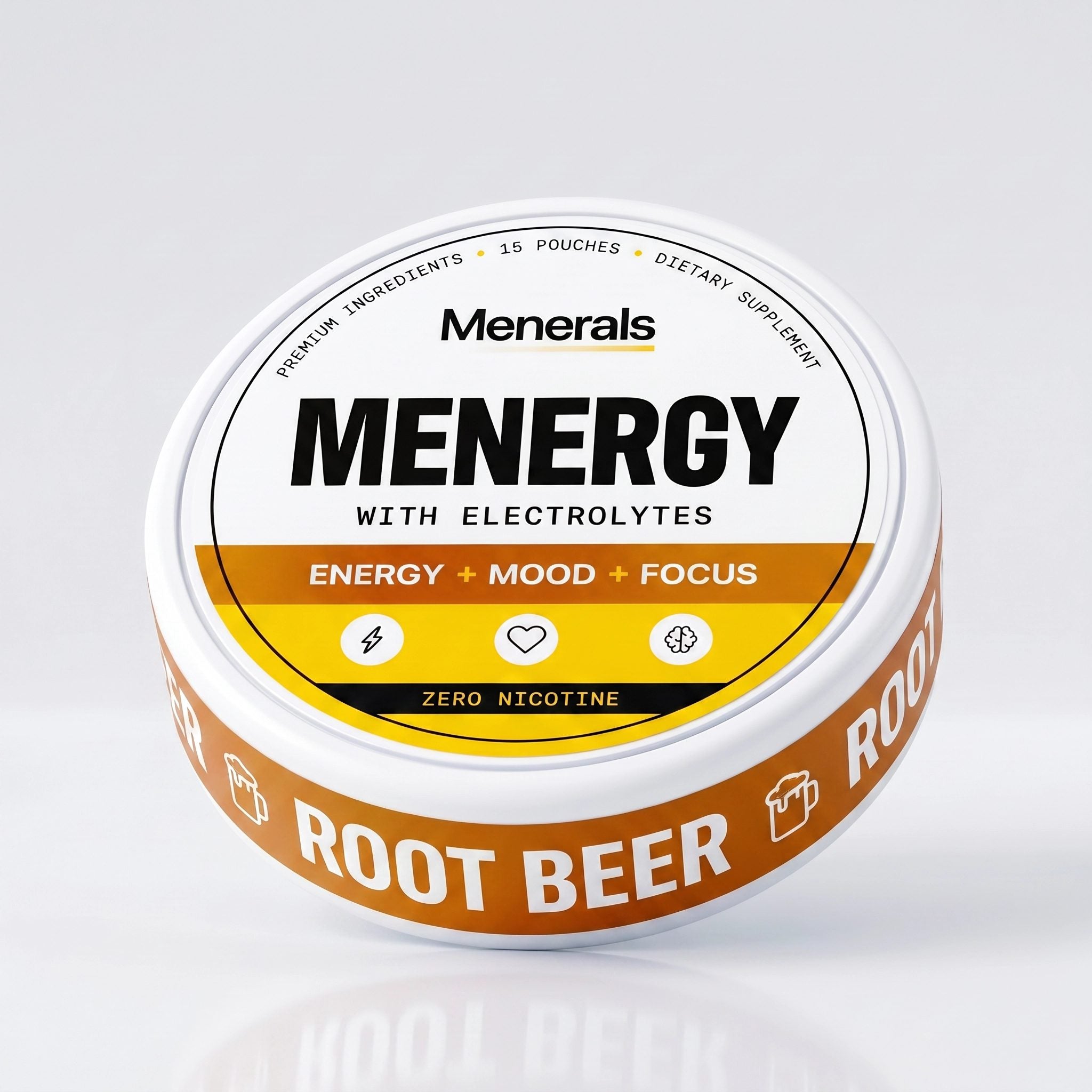 Menergy Root Beer energy pouches can, 15 pouches, zero sugar zero nicotine