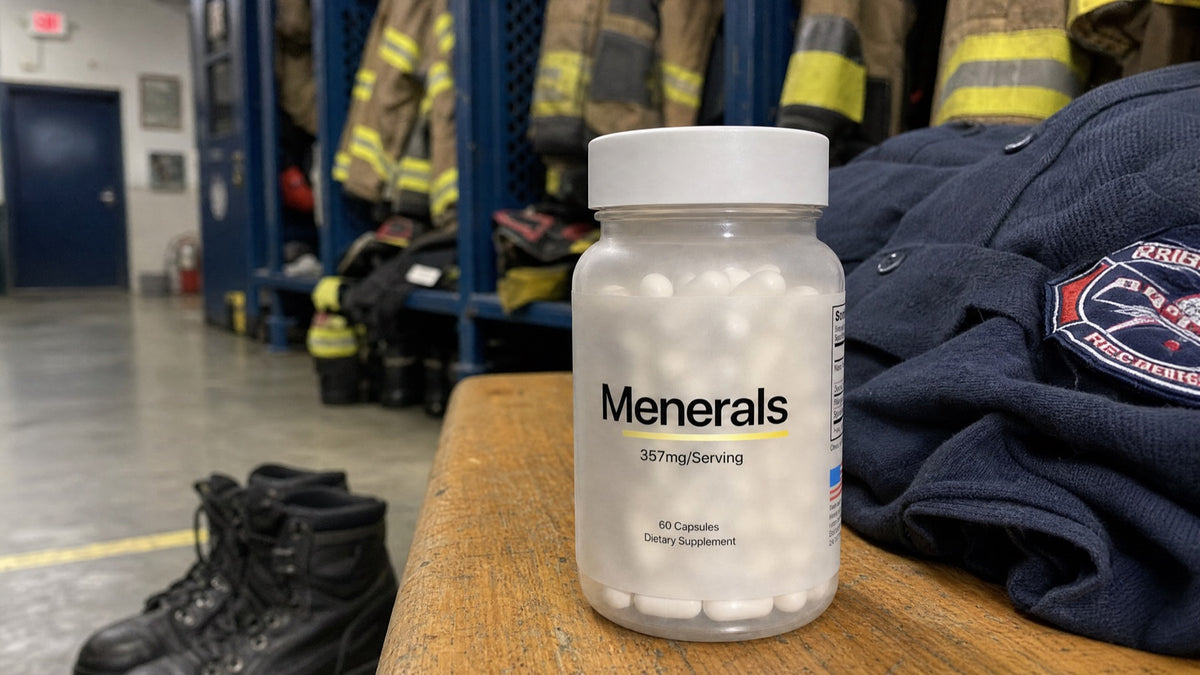 Menerals bottle on a fire station bench with turnout gear