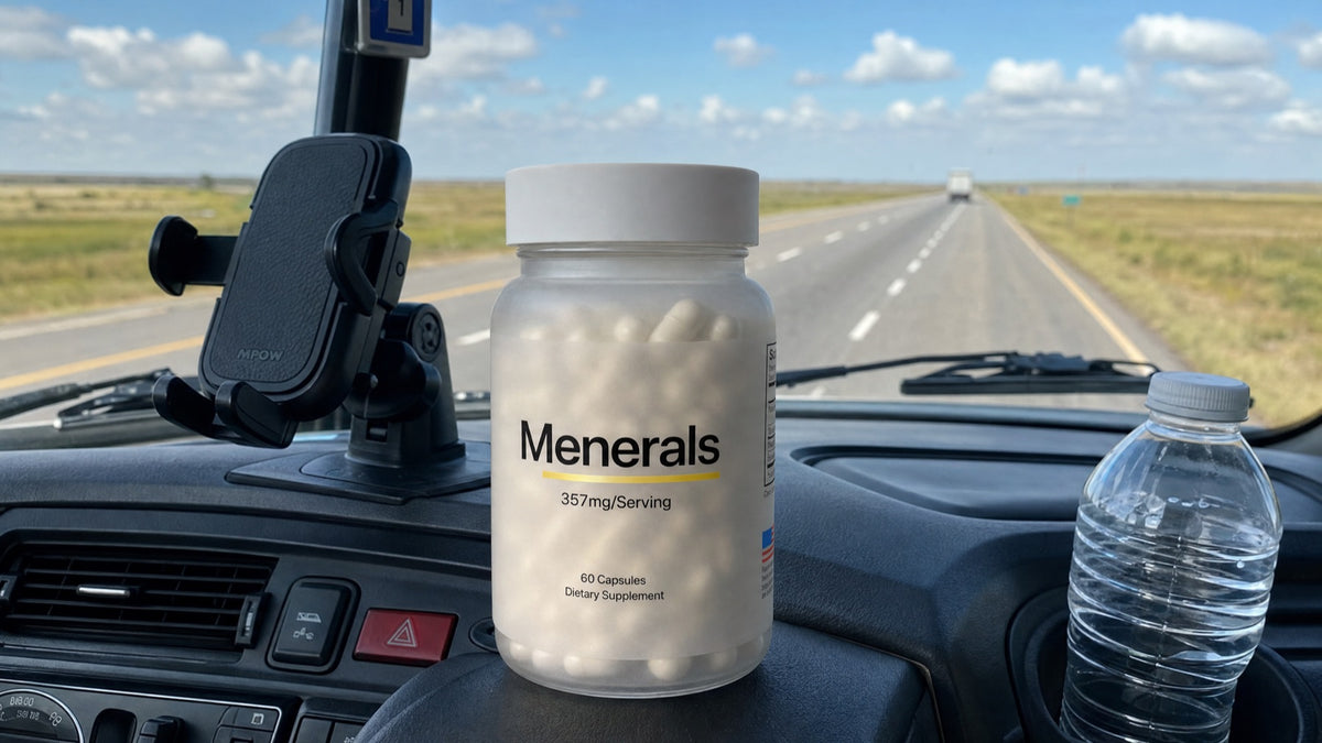 Menerals bottle on a truck dashboard with the open road ahead