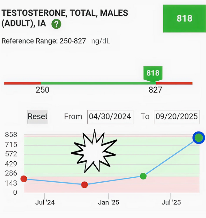 Lab report comparing testosterone levels before and after Menerals