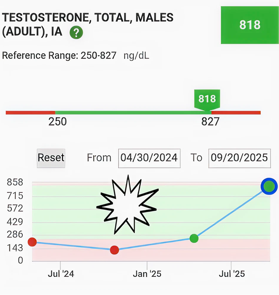 Lab report comparing testosterone levels before and after Menerals