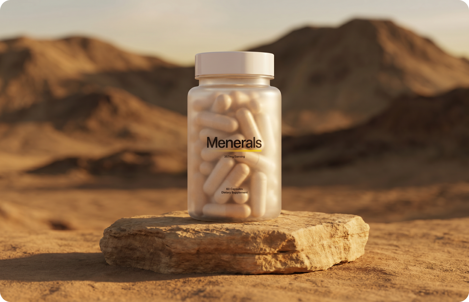 Menerals supplement bottle in a desert landscape