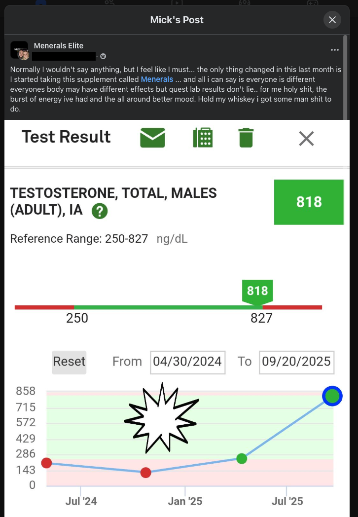 Screenshot of a customer review and their testosterone lab result