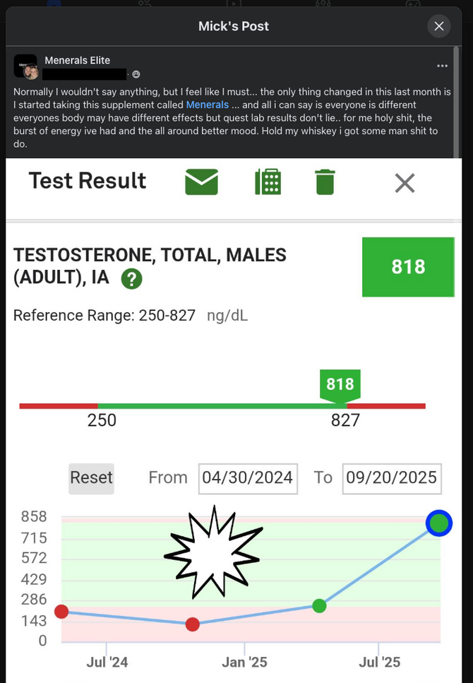 Screenshot of a customer review and their testosterone lab result