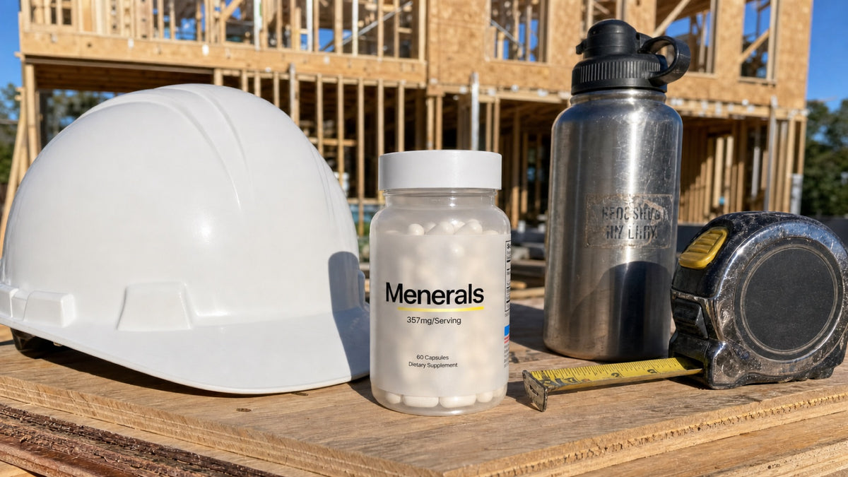Menerals bottle with a hard hat and tools at a construction site