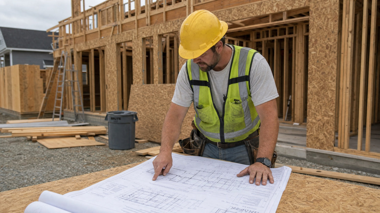 Construction worker reviewing blueprints on site