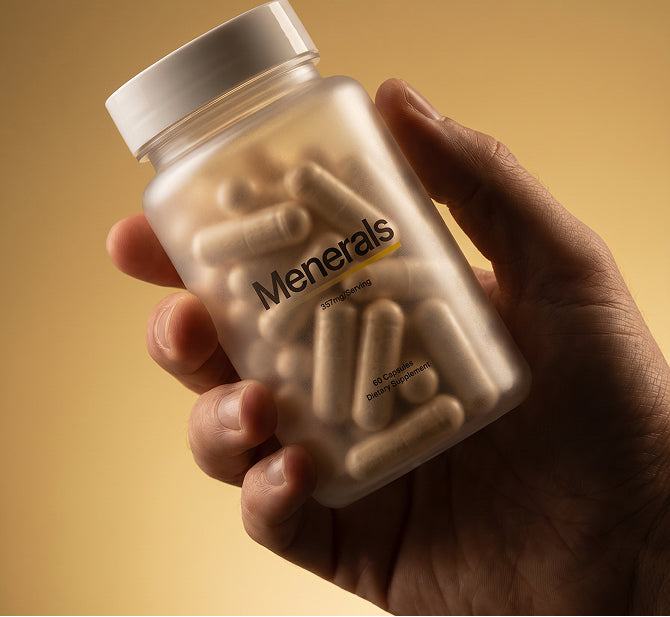 Hand holding Menerals supplement bottle