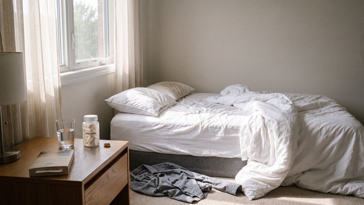 Menerals bottle on nightstand beside an unmade bed, morning light
