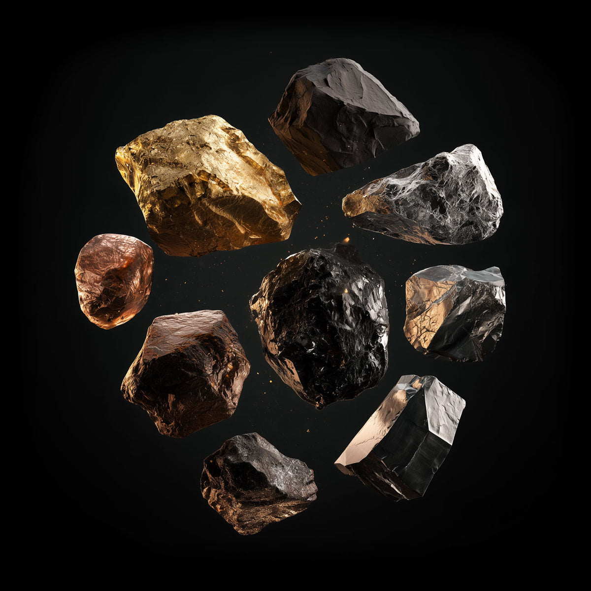 Metallic mineral specimens on a black background