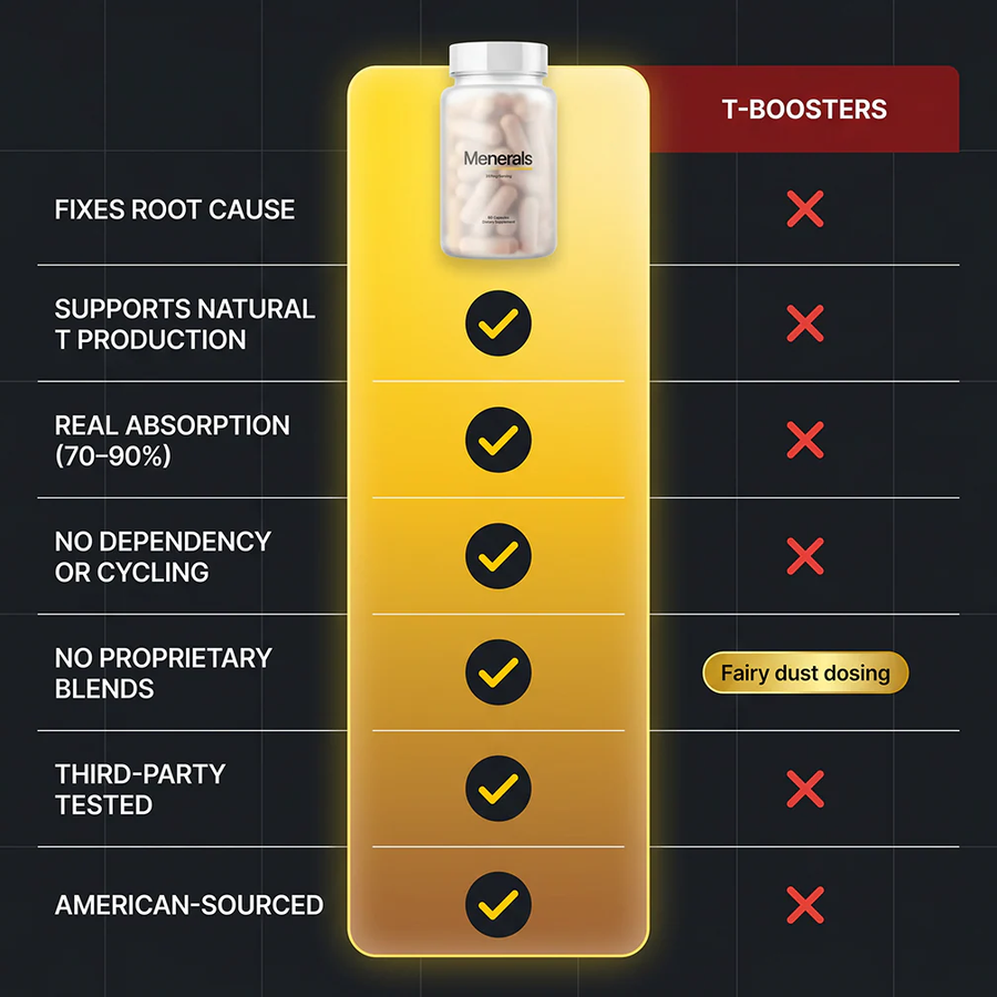 Menerals compared with T-boosters across seven criteria