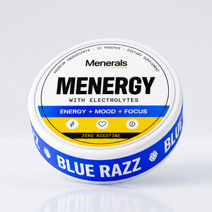 Menergy Blue Razz energy pouches can, 15 pouches, zero sugar zero nicotine