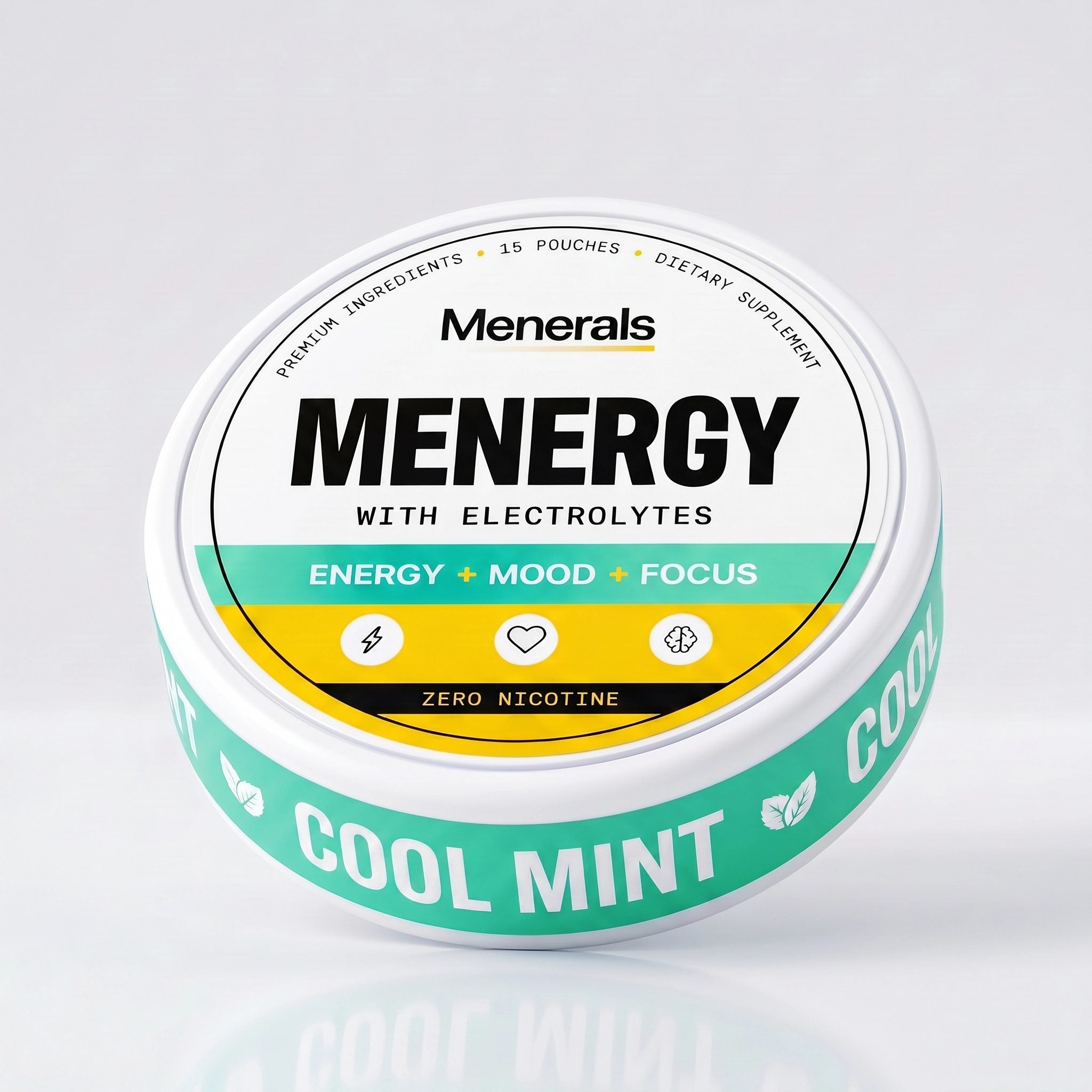Menergy Cool Mint energy pouches can, 15 pouches, zero sugar zero nicotine