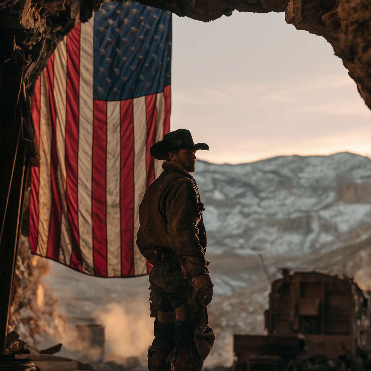 American mineral worker beside a United States flag at an excavation site