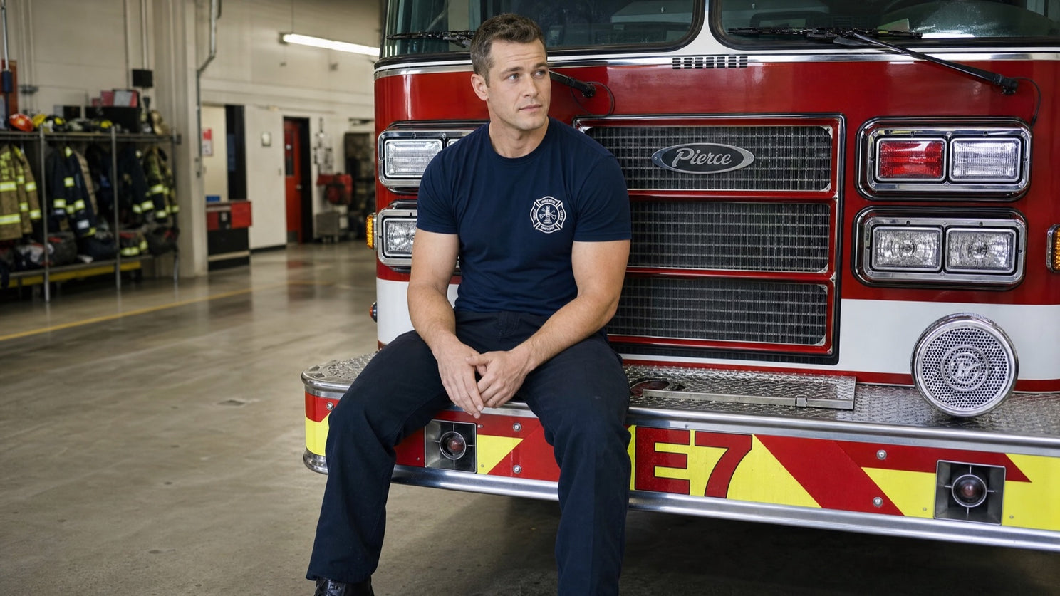 Firefighter sitting on the front of a fire engine