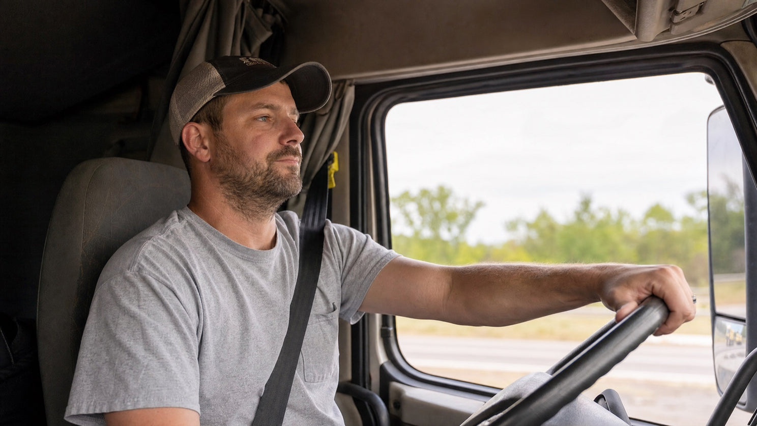 Truck driver in cab holding steering wheel