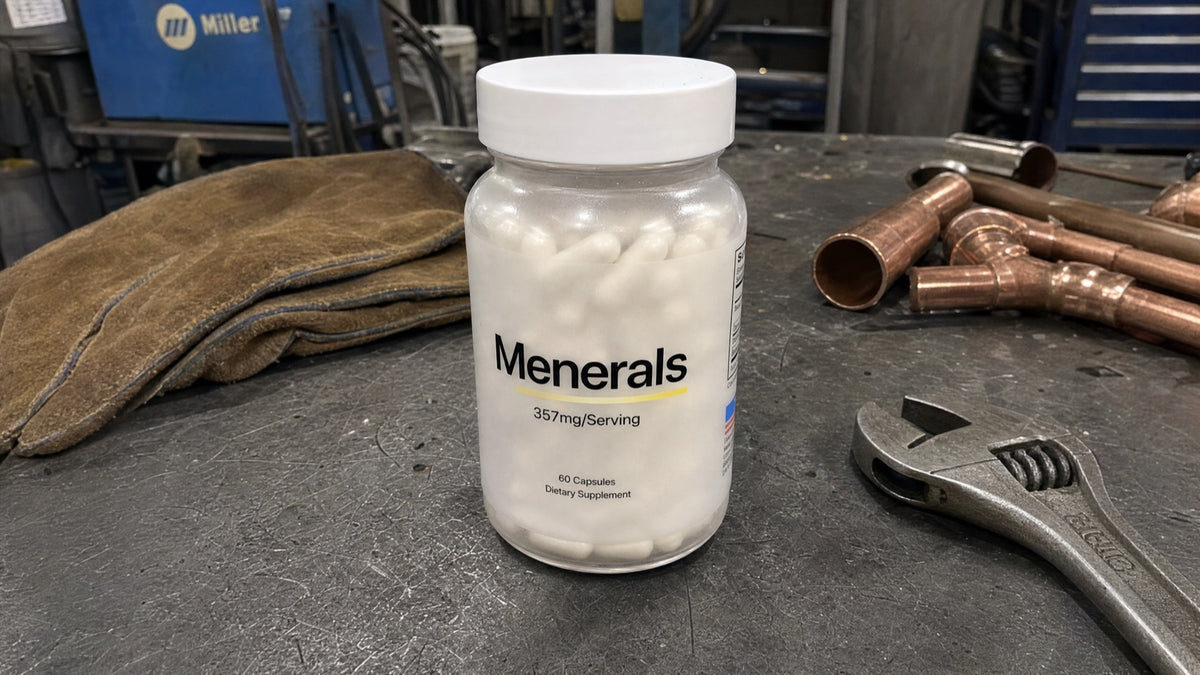 Menerals bottle on a welding shop table with copper pipes