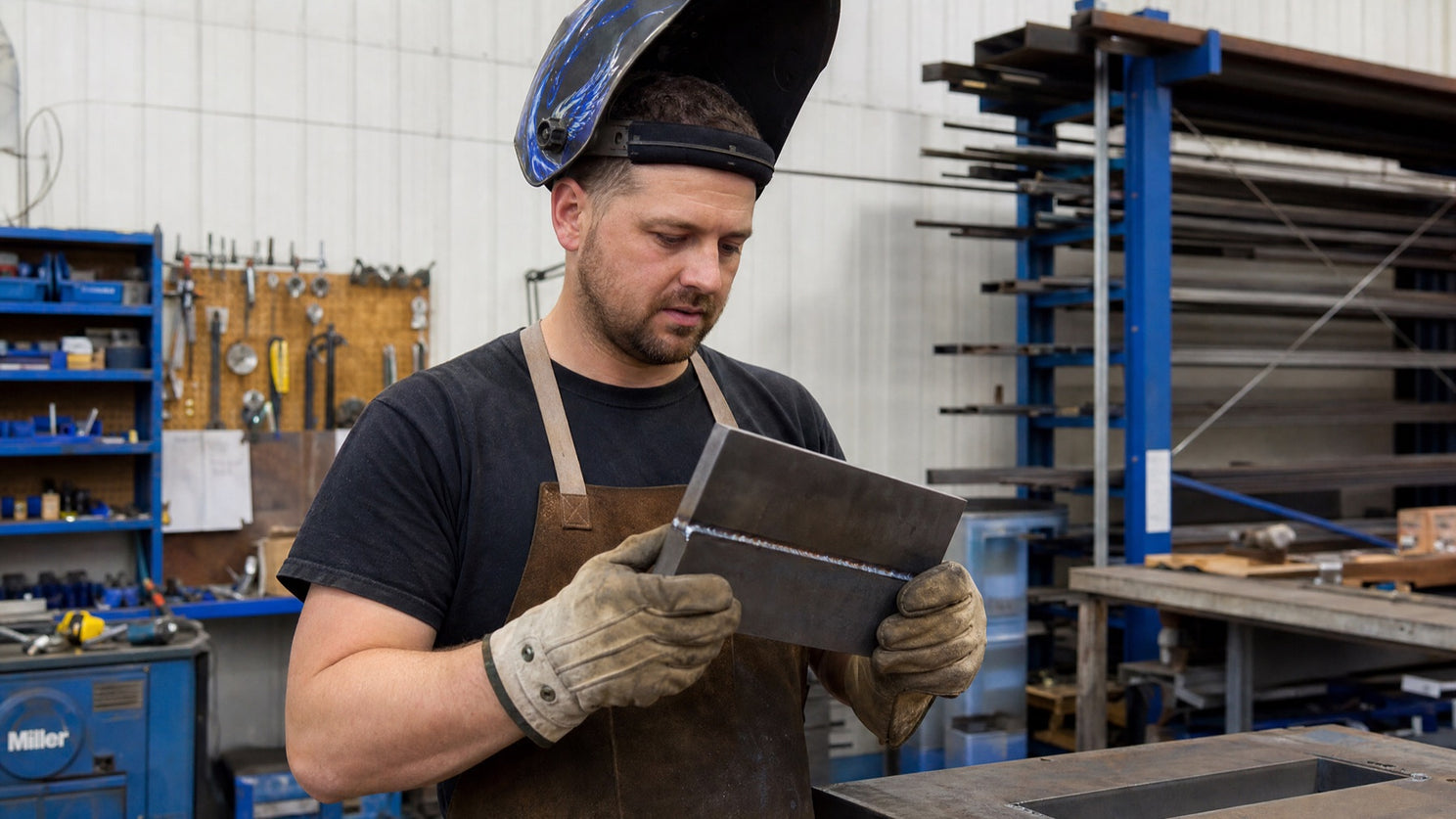 Welder inspecting a weld seam in a metal shop