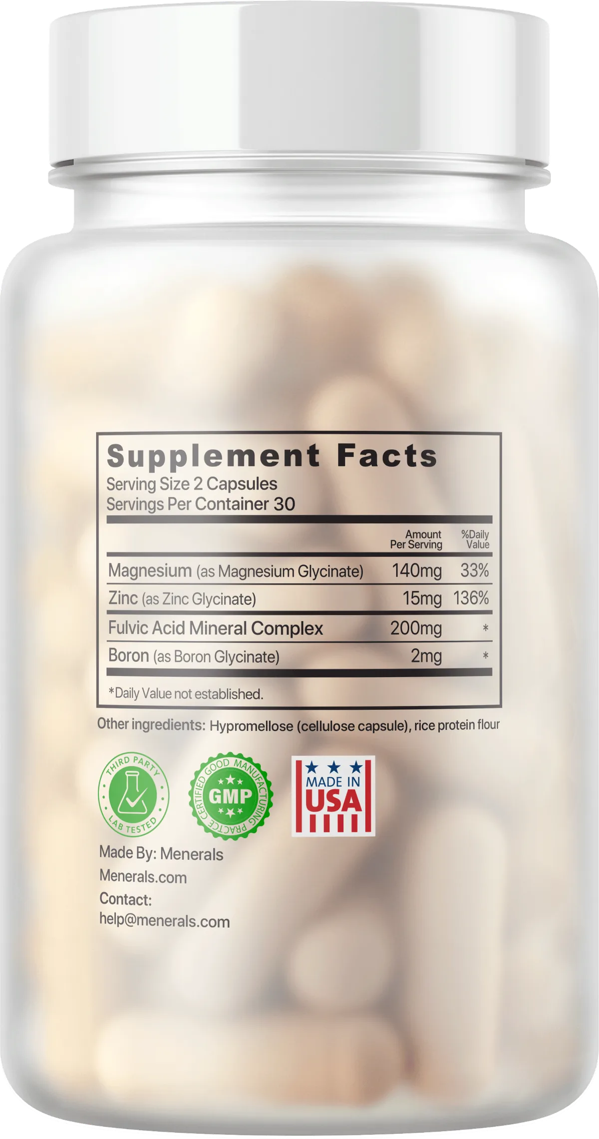 Back of a Menerals bottle with the supplement facts