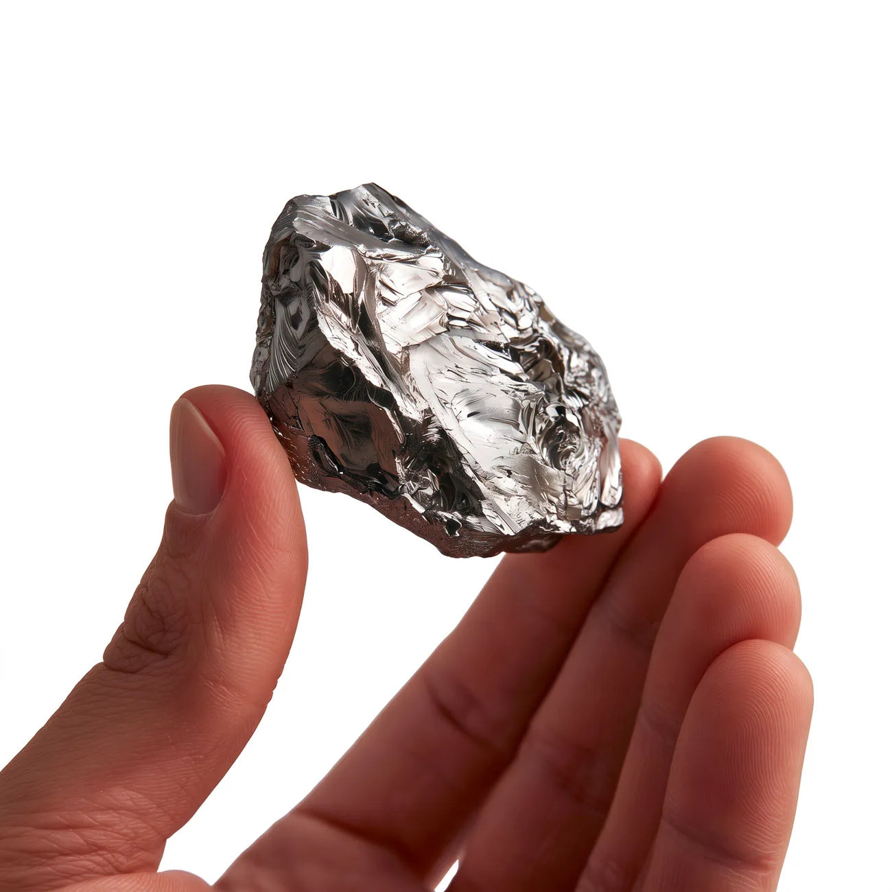 A raw silver mineral held between two fingers