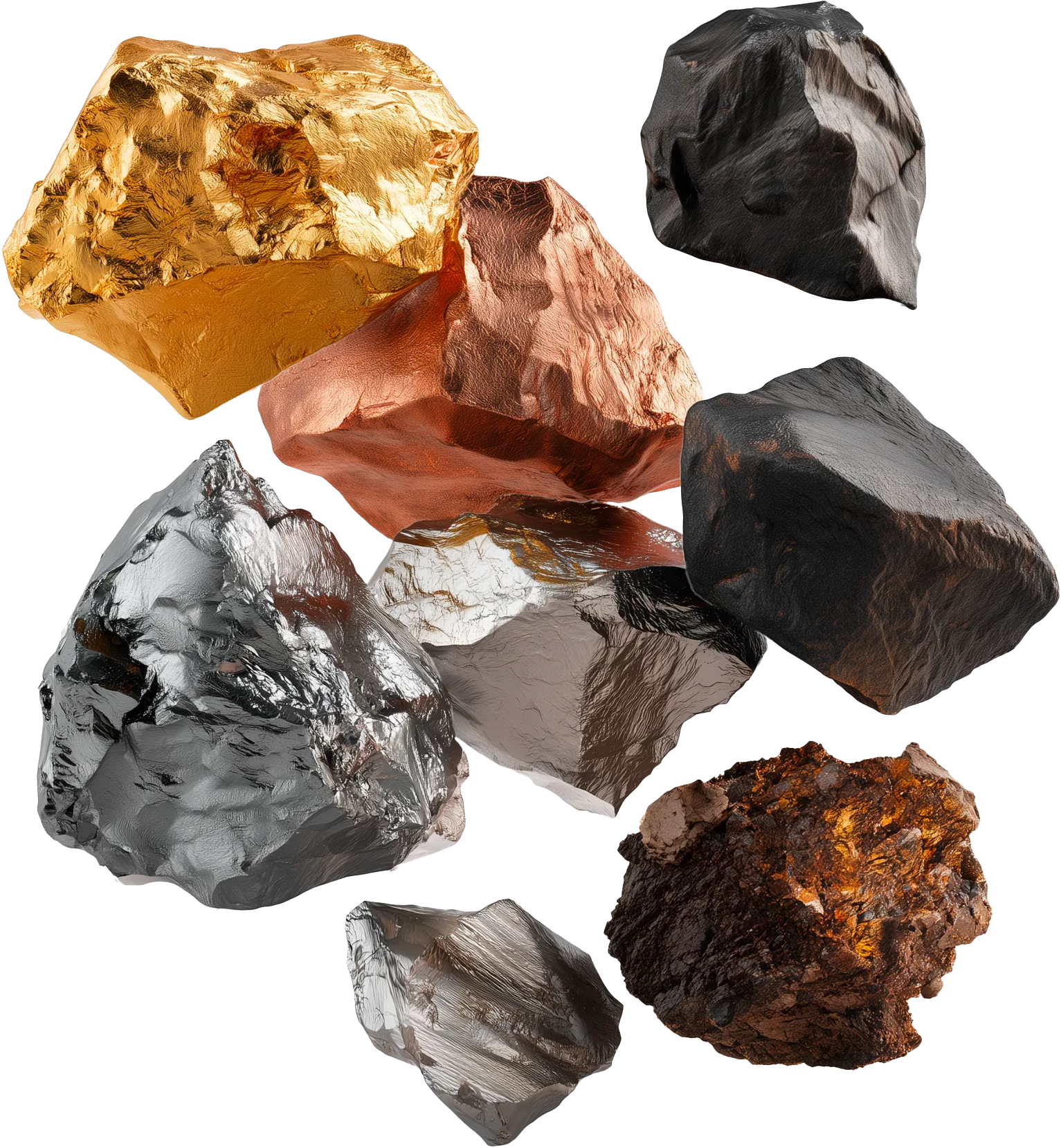 A pile of raw minerals: gold, copper, silver and dark stones